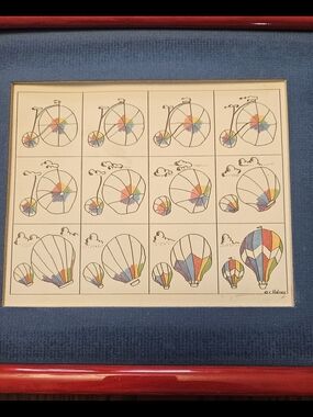 Framed Hand-Drawn Balloon & Bicycle Grid Art in Blue, Red, Yellow, Green